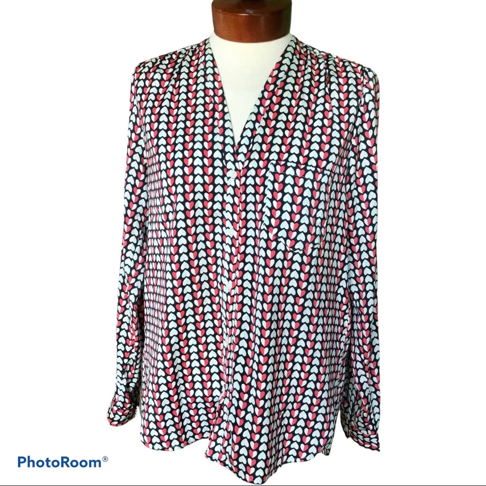 Gap Button-Down Hearts Pattern Blouse Red And Blu… - image 1